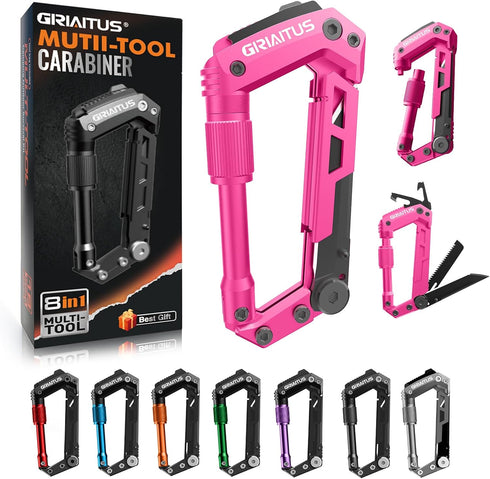 Carabiner Multitool with Pocket Knives, 8-in-1 EDC Carabiners, Pink Folding Serrated Knife, Can Bottle Opener, Rope