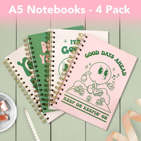 Pink Green Aesthetic Hardcover Notebooks, A5 size 5.8 x 8.3 inch, 4 Pack, Cute Spiral Journal for School, Retro