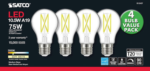 Satco S12437 A19 LED 4-Bulb Value Pack, 75W Replacement, 3000K, Clear by Nuvo