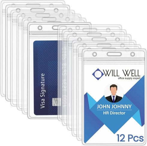 Will Well 12-Pack ID Badge Holders with Holes for Lanyards, Vertical Clear Plastic Sleeves Fit Up to 3 Cards