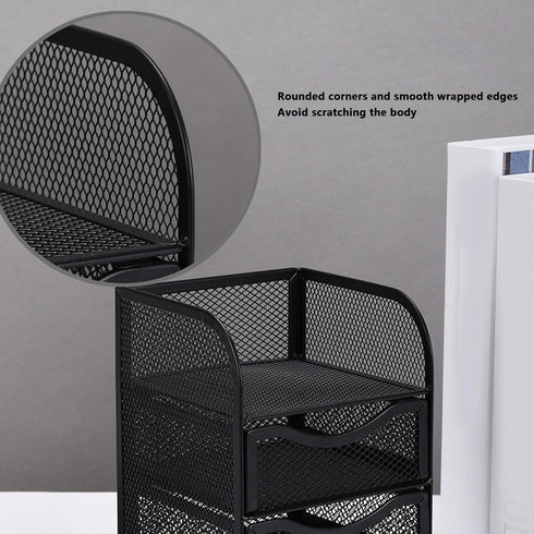 HEEPDD 3 Tier Mesh Office Desktop Organizer with 3 Drawer, Mini Desk Supplies Organizer, Metal Stationary Black Desk