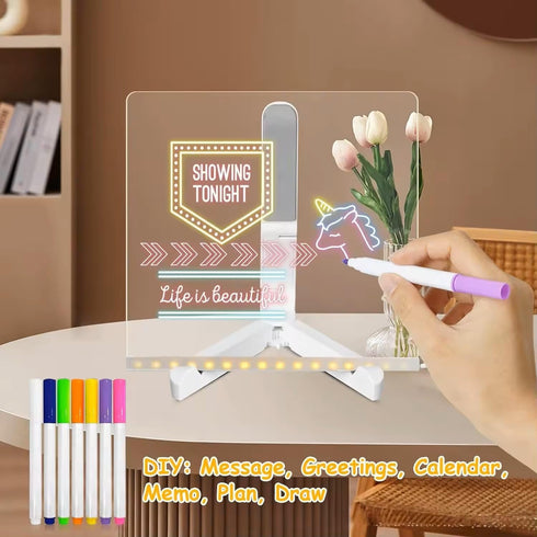 CAPOT Acrylic Dry Erase Board with Light, 5.9 X 5.9”, Glow Memo LED Letter Message Board with 7 Color Pen
