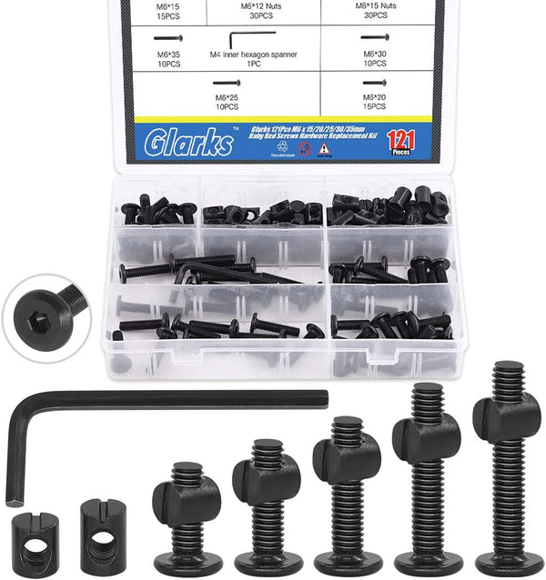 Glarks 120Pcs M6x15/20/25/30/35mm Black Hex Socket Cap Bolt Screws and Barrel Nut Assortment