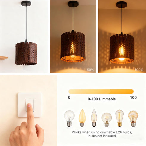 1-Light 7" Farmhouse Rustic Wood Drum Pendant Light, Rural Ceiling Hanging Lamp Lighting Fixture with Lampshade, Boho