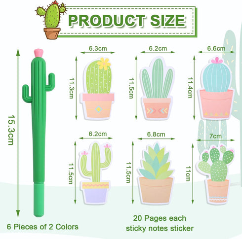 Whaline 12 Pieces Cactus Gel Ink Pens, Cactus Sticky Notes, Neutral Plant Writing Pens, Succulent Note Pad for Home