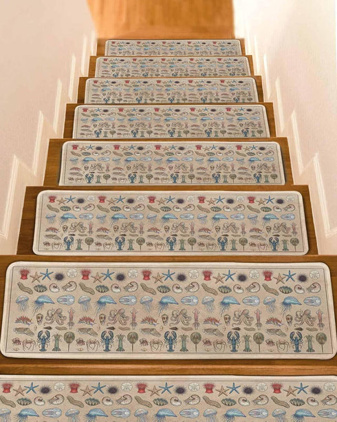 BOHOOSKYLAR Marine Life Stair Treads Retro Sea Star Jellyfish Lobster Linen Texture Indoor