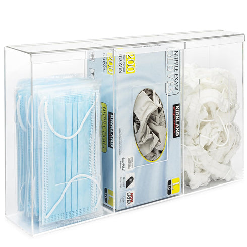 Triple Hygiene Dispenser Station with Lid - Multifunctional Tabletop or Wall Glove Holder with 3 Compartments