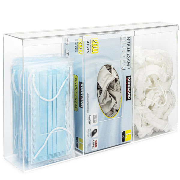 Triple Hygiene Dispenser Station with Lid - Multifunctional Tabletop or Wall Glove Holder with 3 Compartments