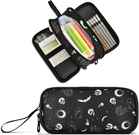 XUWU Skull Cat Moon Goth Large Capacity Pencil Case, 3 Compartments Big Storage Makeup Pouch, Desk Organizer for School