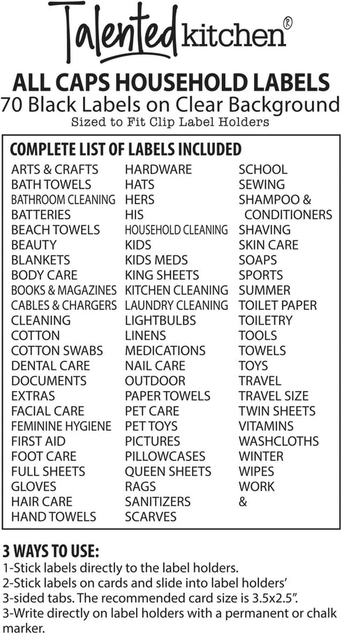 Talented Kitchen 8 Pack Metal Basket Labels Clip On Holders with 70 Labels for Organizing Home, Bathroom, Linen Closet