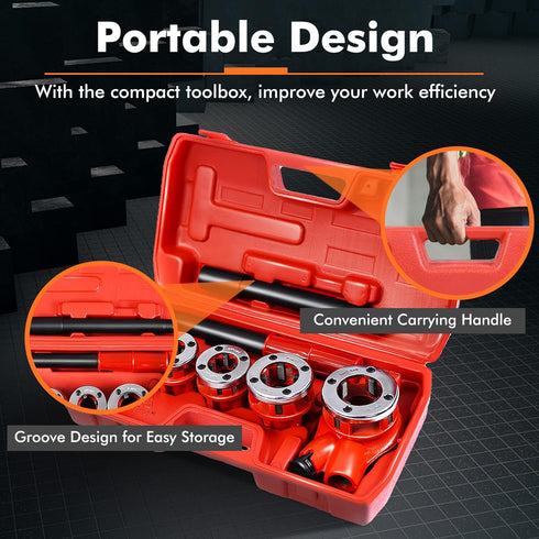 Set 6 1/4", 3/8", 1/2", 3/4", 1", 1-1/4" Goplus Ratchet Pipe Threader Kit, Ratcheting Pipe Threading Tool w/ Dies