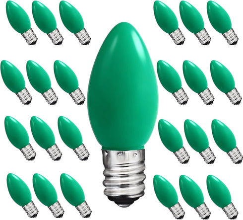 C7 Green LED Light Bulb,25 Pack 0.6w C7 Ceramic Replacement Christmas Lights