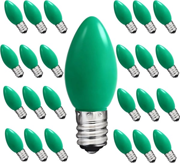 C7 Green LED Light Bulb,25 Pack 0.6w C7 Ceramic Replacement Christmas Lights