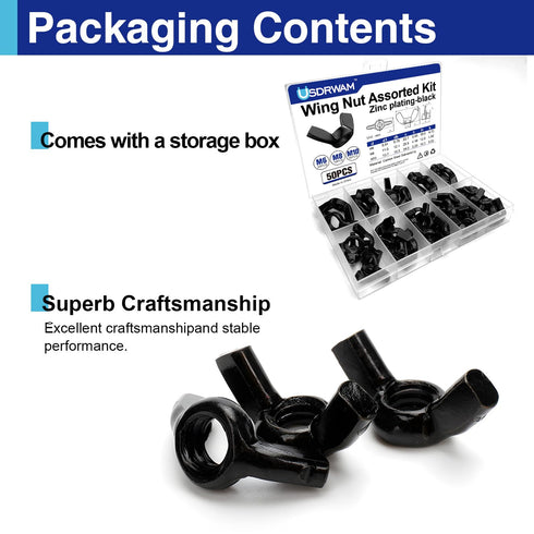 Usdrwam 50PCS 3 M6 M8 M10 Size Metric Wing Nuts Assorted kit, Zinc Plating-Black Wing Nuts Butterfly Fasteners, Hand