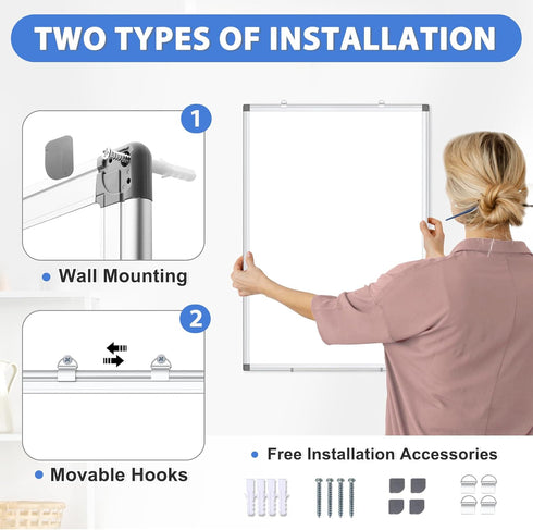 WALGLASS Magnetic White Board, 36" x 24" Double-Sided Dry Erase Board for Wall, Horizontal or Vertical, Silver