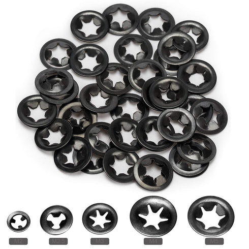 OIIKI 200pcs Internal Tooth Washers, Quick Locking Washers, Push On Speed Clips Fasteners Kit, 65Mn Steel Washers (5