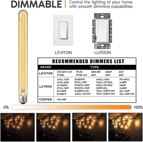Leools T300 LED Long Bulbs, 12W Dimmable Tubular Bulb, 100 Watt Equivalent, Amber Glass, 2700K Warm White, 4-Pack.