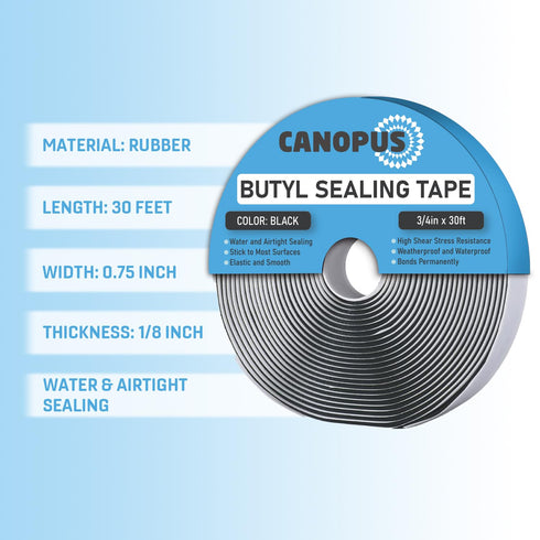 CANOPUS Butyl Seal Tape, Black, 1/8-in x 3/4-in x 30-ft, Heavy Duty Waterproof Sealant Putty Tape