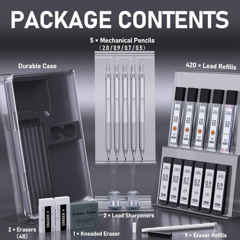 Four Candies Metal Mechanical Pencil Set, 3PCS 0.5, 0.7, 0.9MM & 2PCS 2MM Pencils with 420PCS Leads for Drawing (Silver)