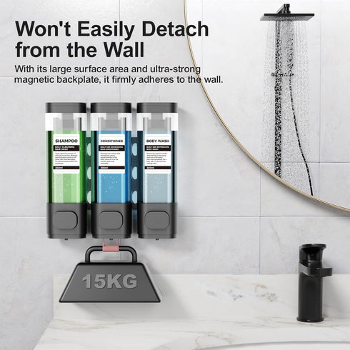 3-Chamber Wall Mounted Shampoo and Conditioner Dispenser - 300ML Each, Easy Refill, No Drip for Bathroom