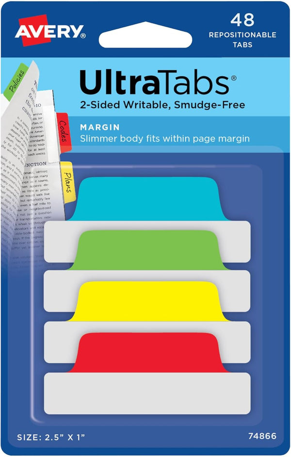 Avery Margin Ultra Tabs, 2.5" x 1", 48 Repositionable Page Tabs, Assorted Colors, 2-Side Writable