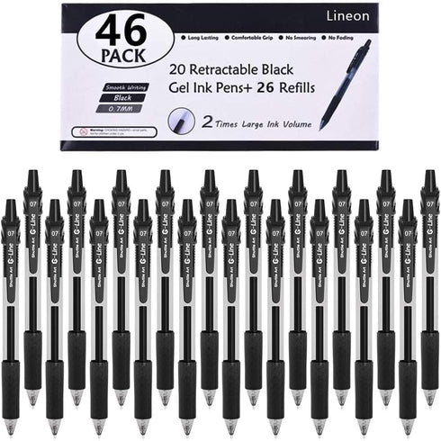 Lineon 46 Pack Black Gel Pens (20 Gel Pens with 26 Refills), Retractable Medium Point for Smooth Writing, Comfortable
