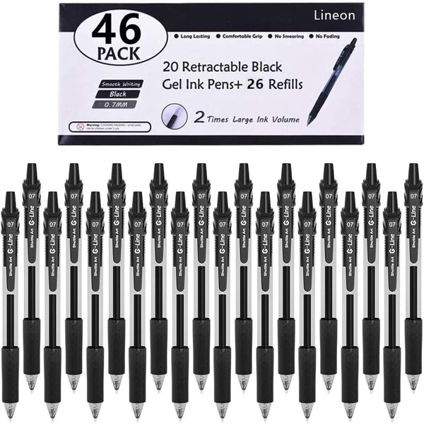 Lineon 46 Pack Black Gel Pens (20 Gel Pens with 26 Refills), Retractable Medium Point for Smooth Writing, Comfortable