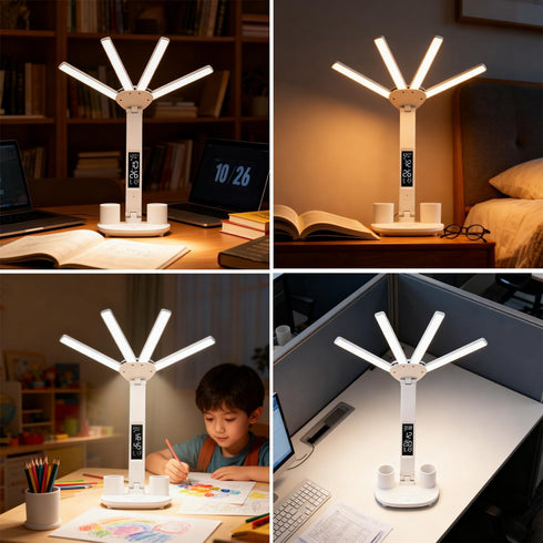 niccryle 3 Dimmable Led Desk Lamp with Clock Foldable Study Lamp Lighting Modes Table Lamp Eye Caring Reading Lamp