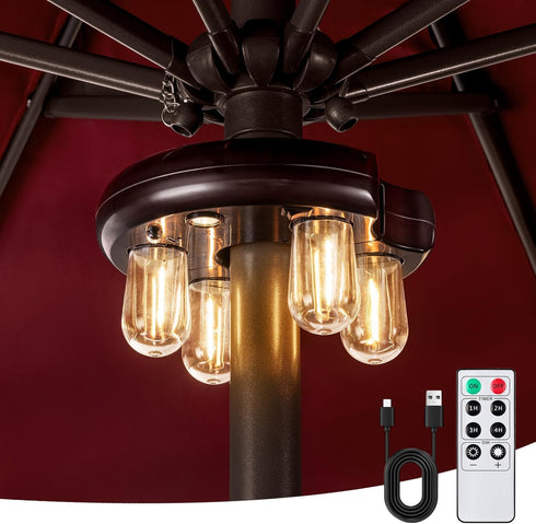 Patio Umbrella Light with Remote Control, Rechargeable Cordless LED Edison Bulbs Pole