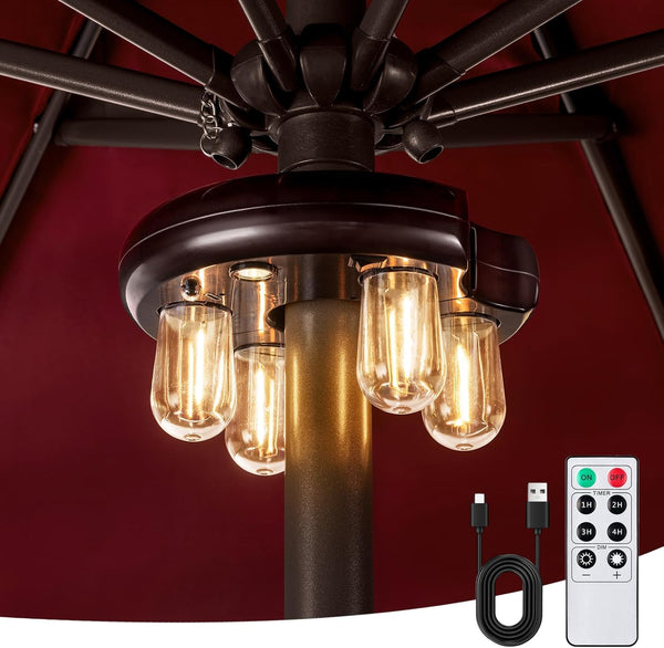 Patio Umbrella Light with Remote Control, Rechargeable Cordless LED Edison Bulbs Pole