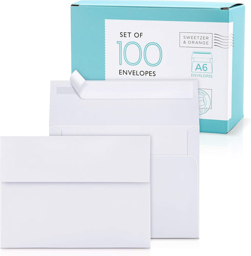 Sweetzer & Orange A6 Envelopes for 4x6 Cards, 100 with Box, White Self Seal, Luxury 150gsm for Greeting Cards