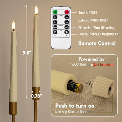Real Wax Flameless Taper Candles with Remote, 9.6 Inches LED Window Candles, Set of 2 for Christmas Decor (Ivory)