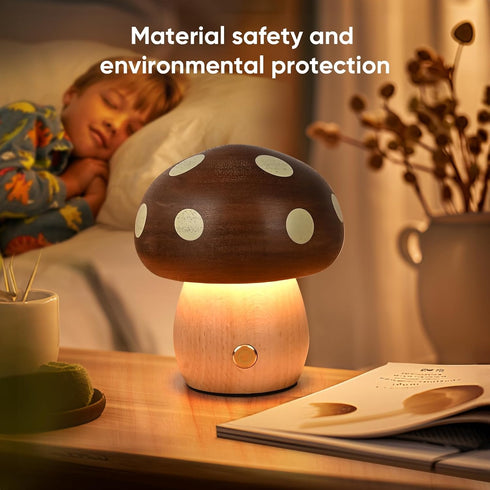 LONRISWAY Dimmable Cordless Wood Mushroom Lamp, Small Battery Operated Wooden Table Lamp Portable Night Light, Stepless