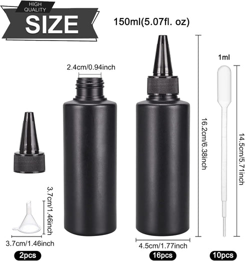BENECREAT 16Pcs 5oz Black Plastic Squeeze Bottles, Dispensing Bottles with 2 Funnels and 10 Pipettes