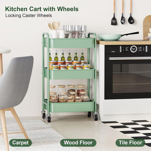 Aofure 3 Tier Rolling Storage Cart Metal with Wheels, Green Baby Diaper Caddy Carts, Three Tiered Craft Cart Organizer