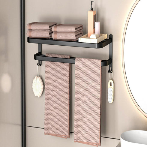 15 Inch DDS-DUDES Black Towel Racks for Bathroom Towel Shelf with Double Towel Bars Lavatory Wall Mount Holder