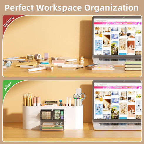 Marbrasse Desk Organizer, Beige - Pen Holder with 3 Drawers, Multi-Functional Organizer with 7 Compartments