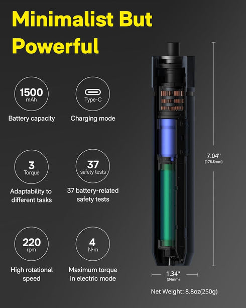 3.6V Set 1/4'' 3 Settings, 1500mAh 12 S2 HOTO Electric Screwdriver Rechargeable, Cordless Screwdriver USB-C, Hex Bits