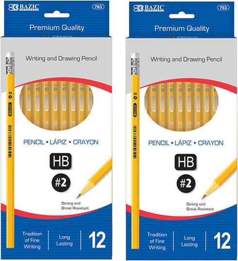 BAZIC #2 HB Pencils, Latex Free Eraser, Premium Wood Yellow Unsharpened Pencils for School and Office (12/Pack, 2-Packs)