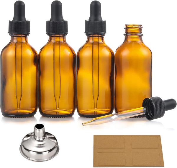 AOZITA 4 Pack 2 oz Dropper Bottles with 1 Funnel & 4 Labels - 60ml Dark Amber Glass Tincture Bottles with Eye Droppers