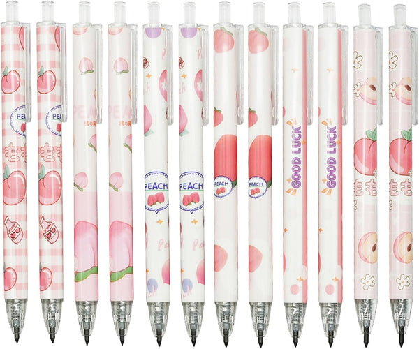 Maydahui 12Pcs Cute Peach Print Everlasting Pencil, Retractable Inkless Pens for School, Office, Home Writing