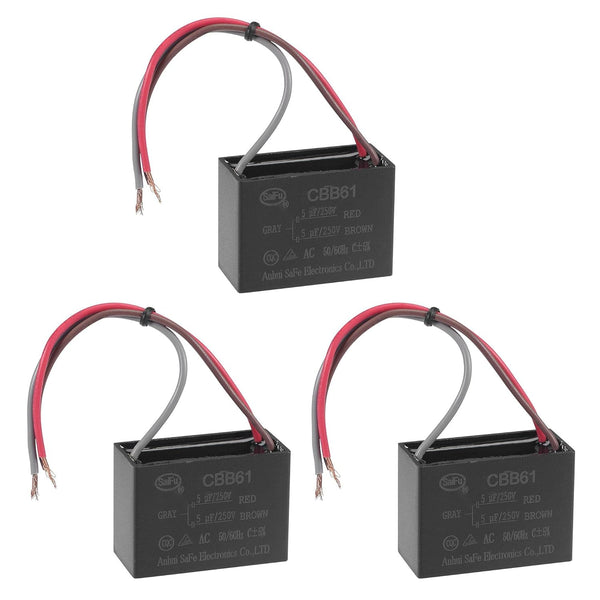 uxcell CBB61 Ceiling Fan Capacitor - 5/5uF 250V AC 3 Wires Metallized Polypropylene Film Capacitor for Electric Fan