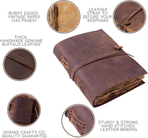 Vintage Leather Journal, Burnt Deckle Edge Vintage Paper, Handmade Leather Bound Journal, 240 Pages (9" x 6")