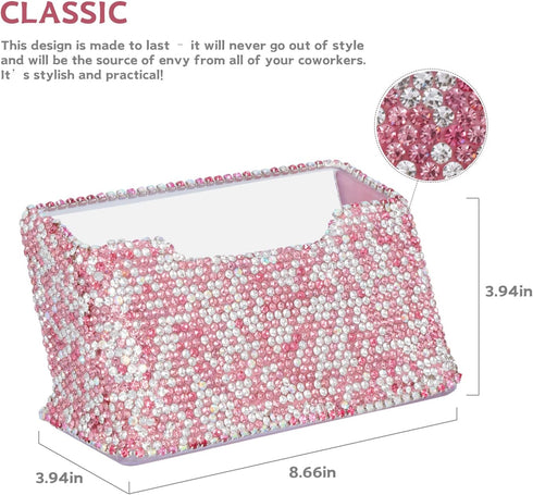 Business Card Holder Stand for Office - Professional Luxury Display with White Crystal Accessories (Pink)