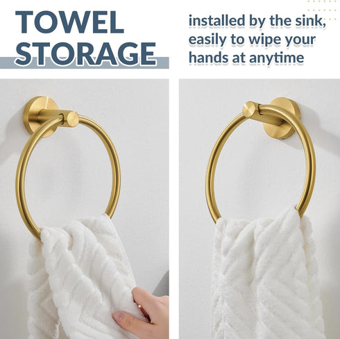 APLusee Hand Towel Ring, 304 Stainless Steel Round Towel Holder, Wall Mounted for Bathroom Kitchen, Brushed Gold