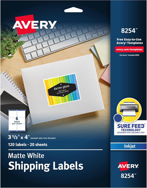 Avery Matte White Shipping Labels, Sure Feed Technology, Permanent Adhesive, 3-1/3" x 4", 120 Labels (8254)