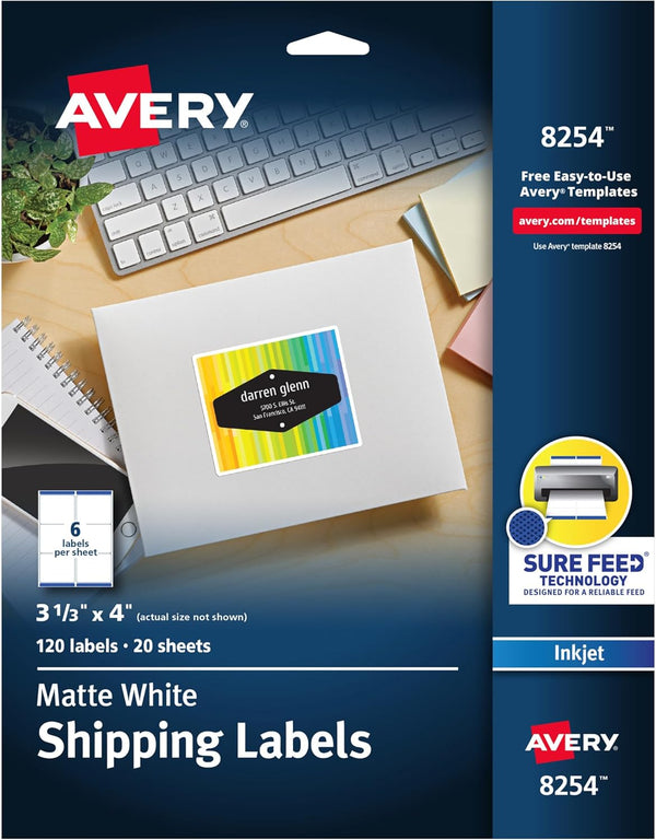 Avery Matte White Shipping Labels, Sure Feed Technology, Permanent Adhesive, 3-1/3" x 4", 120 Labels (8254)