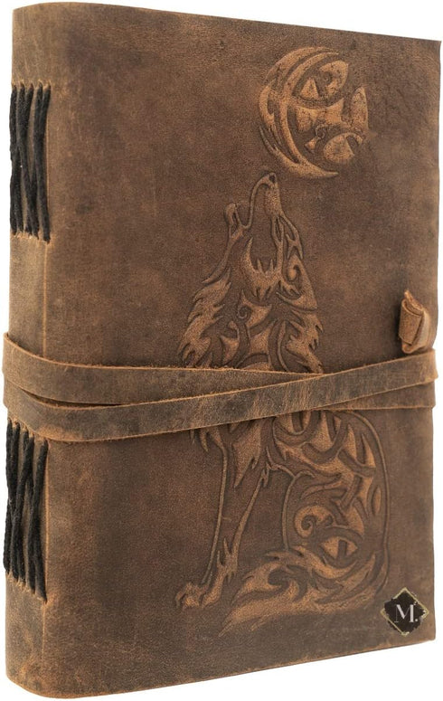 MONTEXOO Wolf Leather Journal Sketch book For Men Women - 200 pages Notebook Diary Dnd Travel Bullet Old Antique Large Vintage Bound Writing Gift 5 x 7 inch Dark Brown by MONTEXOO
