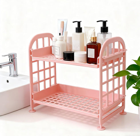 Glomora 2 Layer Desktop Shelf, Foldable Double Stacking Storage Rack with Side Guardrail, Cosmetic Stationery Organizer