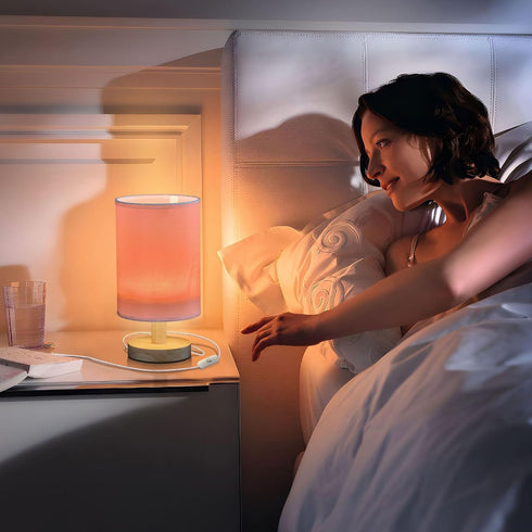 Bulb) Salmon Bedside Table Lamp for Bedroom Nightstand with USB Port Nightstand Lamp with Round Flaxen Fabric Shade
